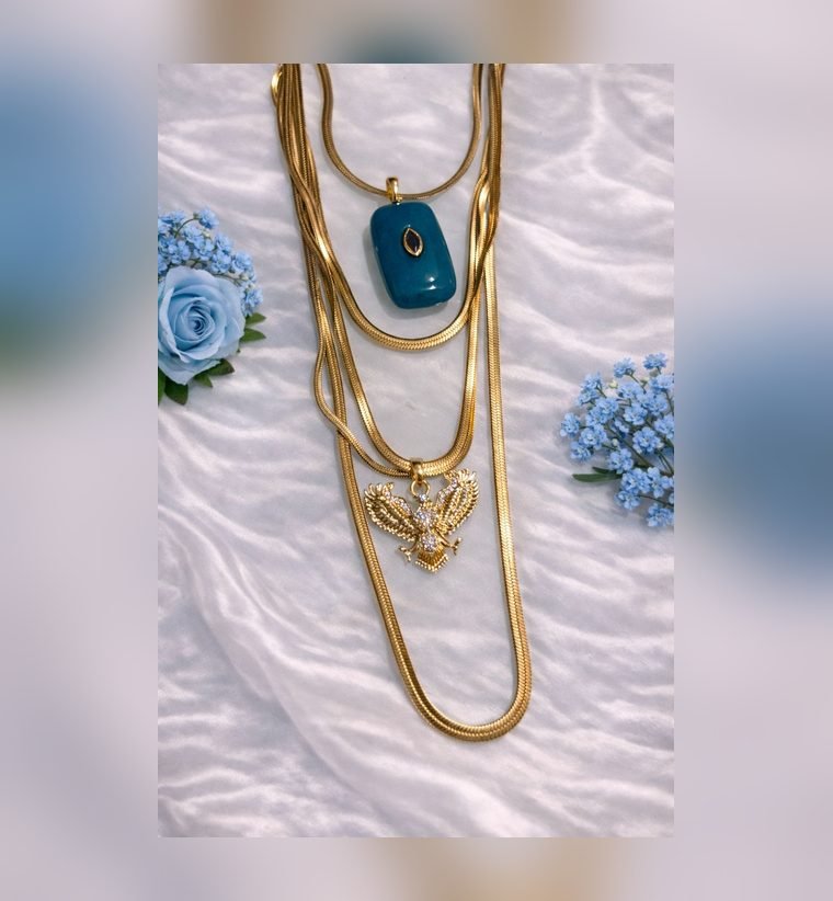 Azur Layered Trio — gold plated triple layered necklace with blue enamel tag
