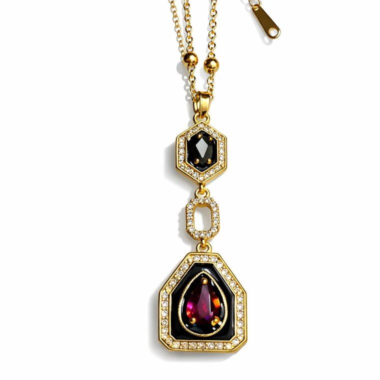 Deco Noir Pendant — gold plated Art Deco pendant necklace with garnet-tone crystal