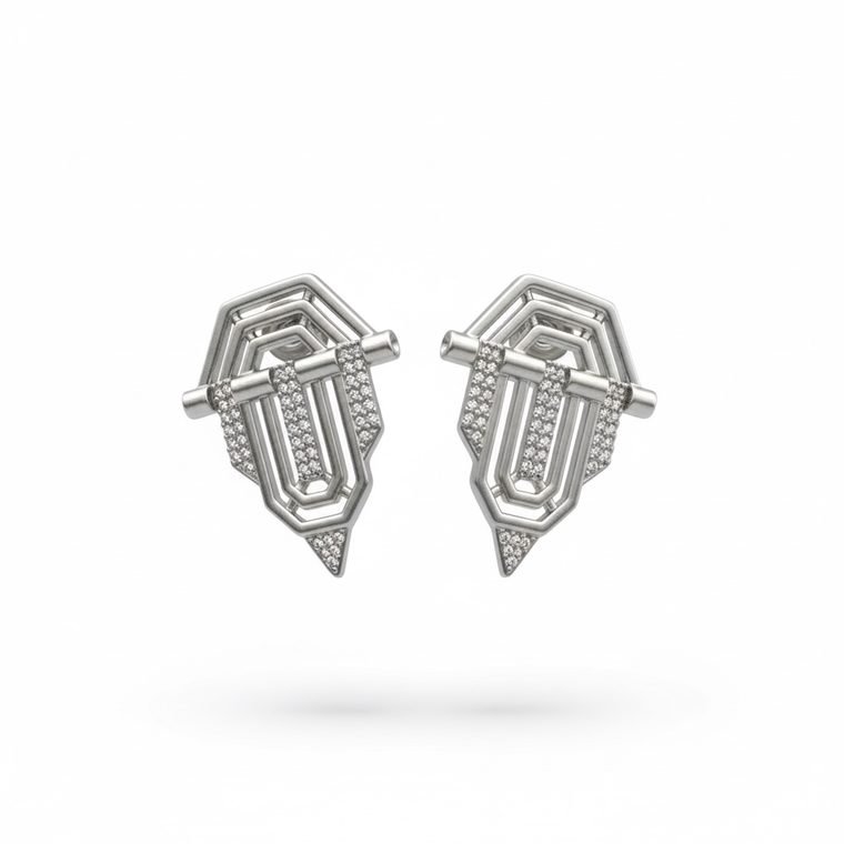 Deco Shield Studs — silver-tone Art Deco stud earrings with pavé zirconia