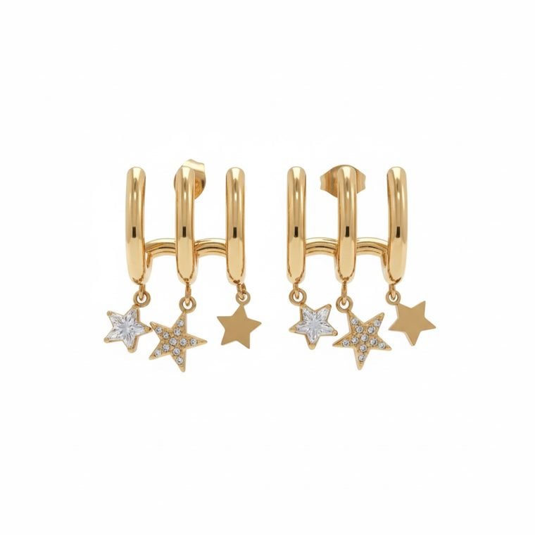 Étoile Triple Hoops — gold plated triple hoop earrings with star charms