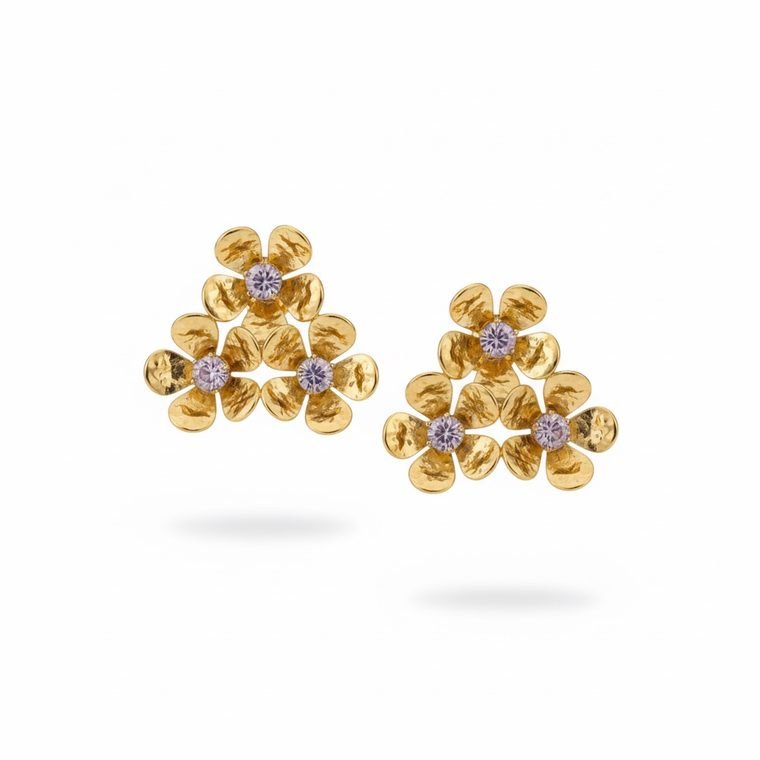 Fleur Trio Studs — gold plated flower earrings with lilac zirconia