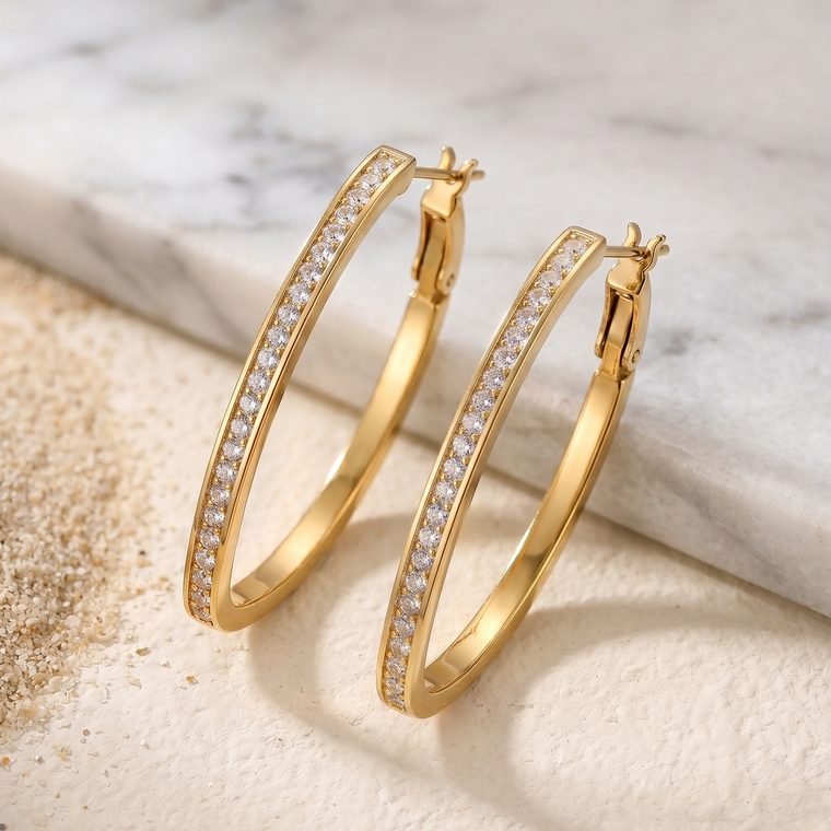 Grande Oval Hoops — gold plated elongated oval hoop earrings with pavé zirconia