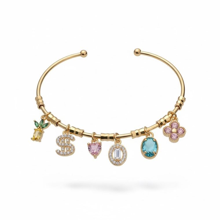 Jardin Charm Bangle — gold plated open bangle with pastel crystal charms