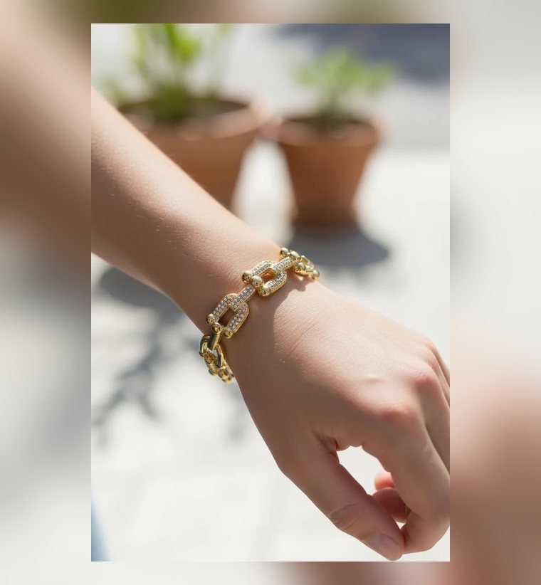 Lien Pavé Bracelet — chunky gold plated link bracelet with pavé crystal links