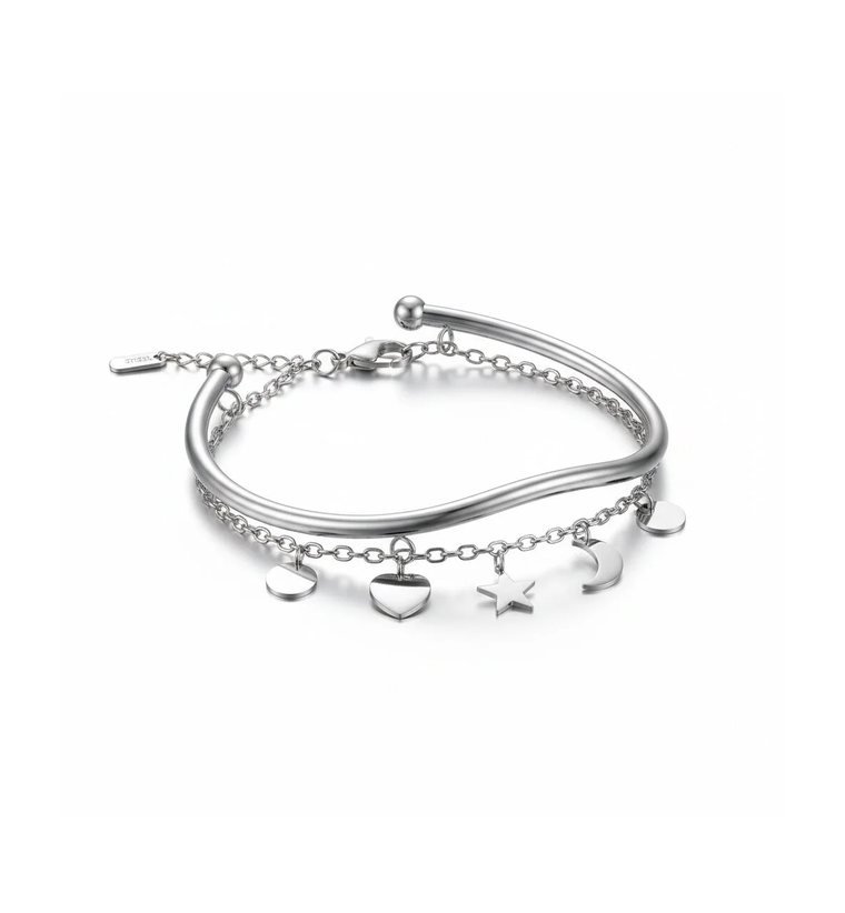 Lune & Étoile Duo — silver-tone bangle and celestial charm chain bracelet