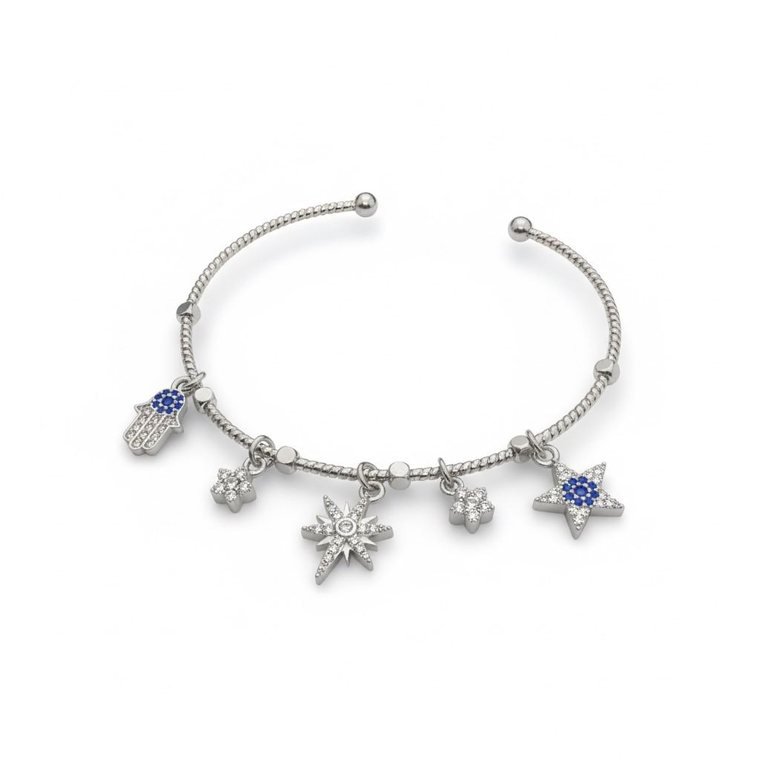 Nazar Charm Bangle — silver-tone open bangle with hamsa and star charms