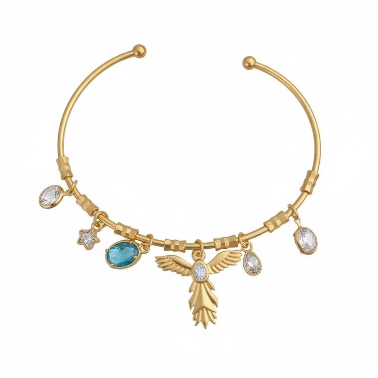 Phénix Charm Bangle — gold plated open bangle with phoenix and crystal charms