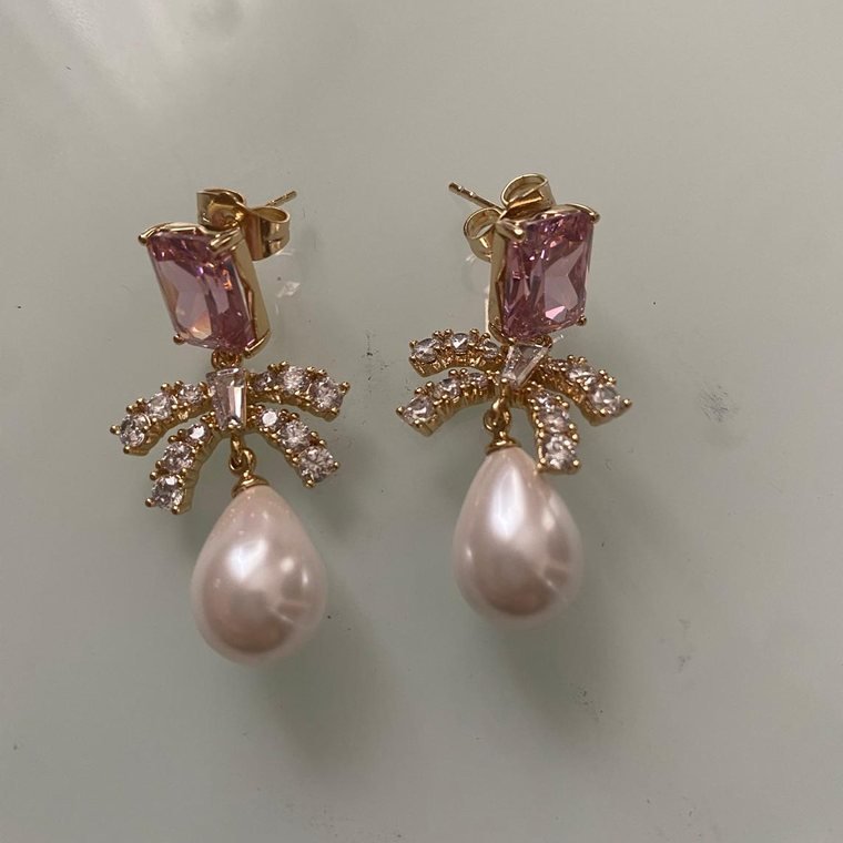 Rose Bow Pearl Drops — gold plated drop earrings with pink crystal, bow and pearl