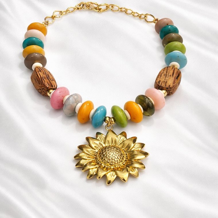 Tournesol Necklace — multicolour beaded necklace with gold sunflower pendant